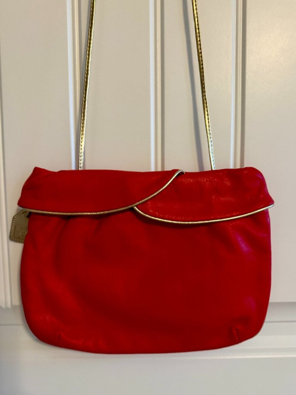 Vintage Anne Klein for Caldron Red Leather Clutch, Gold Chain Strap, Convertible